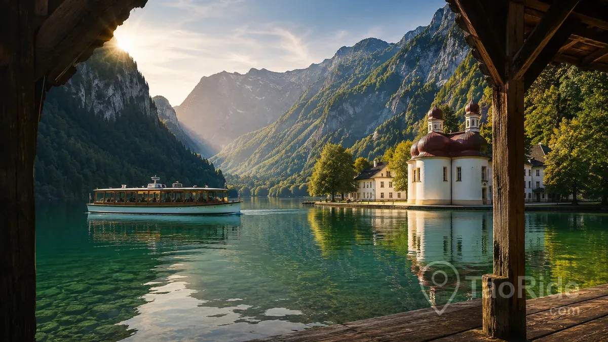 Traditional electric sightseeing boat cruising across the crystal-clear waters of Lake Königssee with St. Bartholomä Church and the Bavarian Alps in Berchtesgaden National Park, Germany.