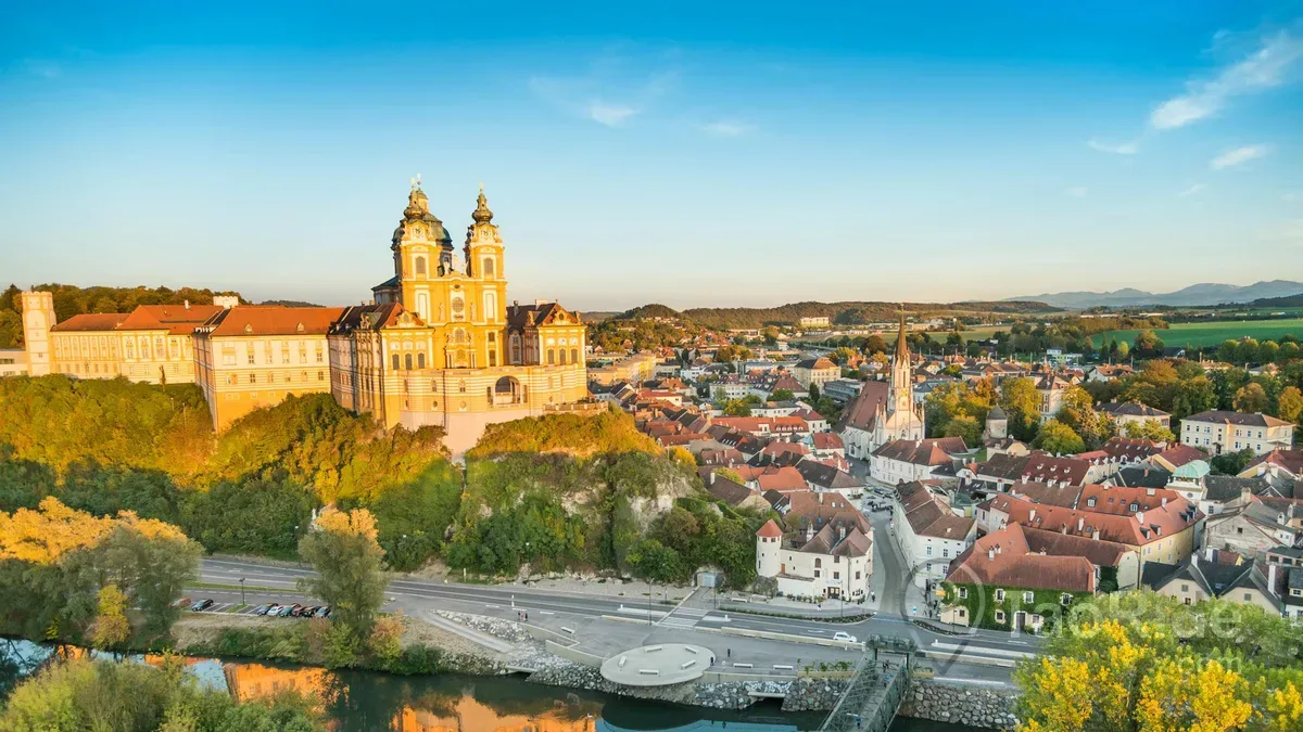 Historic Dürnstein with the famous blue church tower in Austria's Wachau Valley