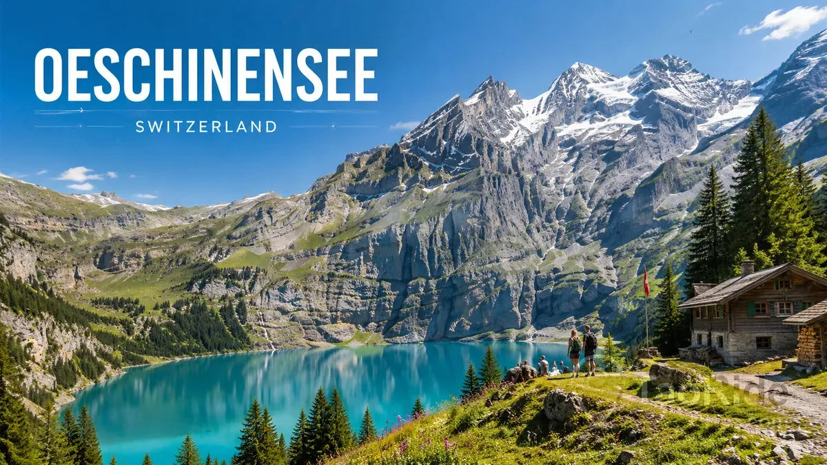 Oeschinensee (Oeschinen Lake) in the Swiss Alps with crystal-clear turquoise water, dramatic mountain peaks, and panoramic hiking trails near Kandersteg, Switzerland.