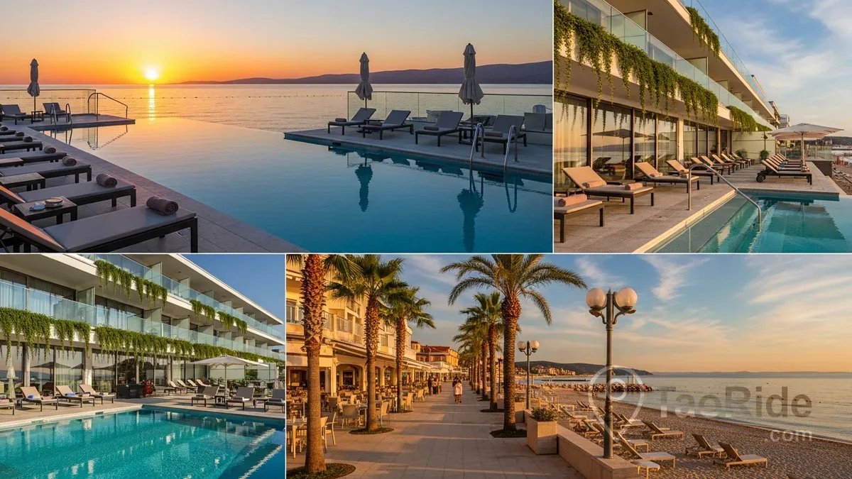 Luxury collage of Portorož featuring a seaside wellness resort, Adriatic beaches, palm-lined waterfront, infinity spa pool, and the beautiful Slovenian coastline at sunset.