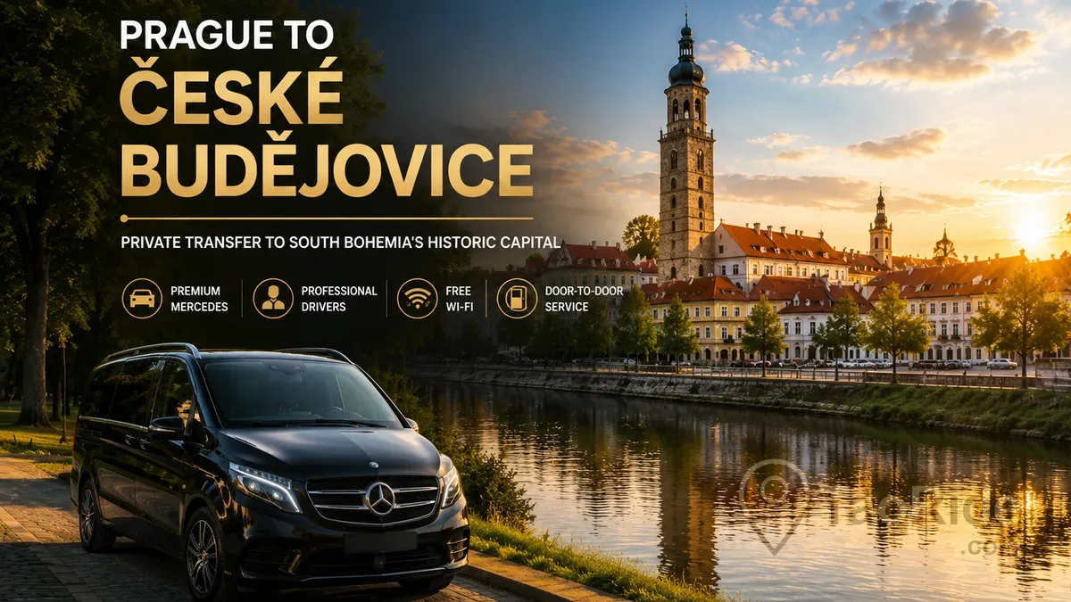 Luxury private transfer from Prague to České Budějovice in a Mercedes V-Class with the historic South Bohemian city at sunset.