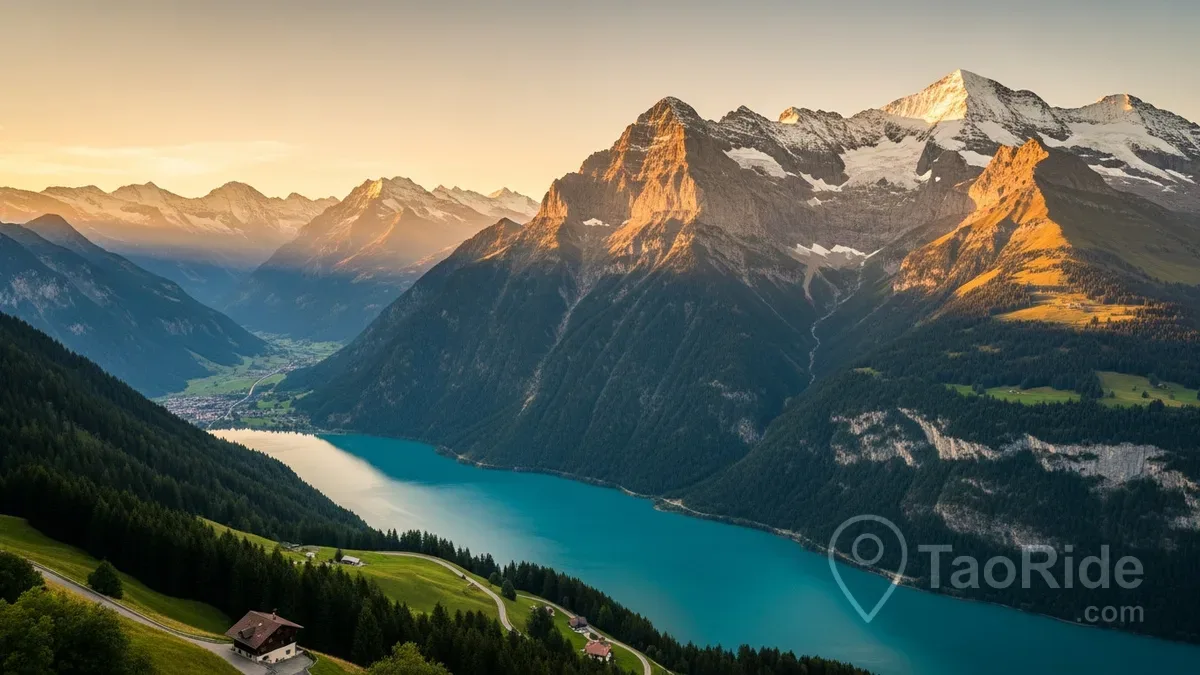 Luxury Mercedes V-Class private transfer from Prague to Interlaken with panoramic Swiss Alps and turquoise lakes.