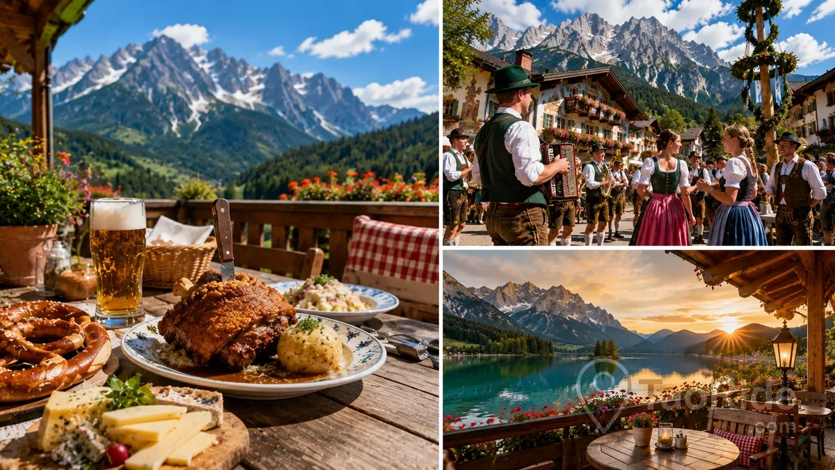 Luxury travel collage featuring traditional Bavarian cuisine, an authentic Alpine festival, and a lakeside café overlooking Eibsee with the majestic Zugspitze in Garmisch-Partenkirchen.