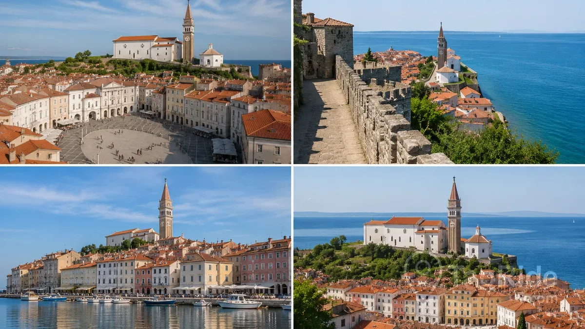 Piran Slovenia historic old town, Tartini Square, city walls and Adriatic Sea
