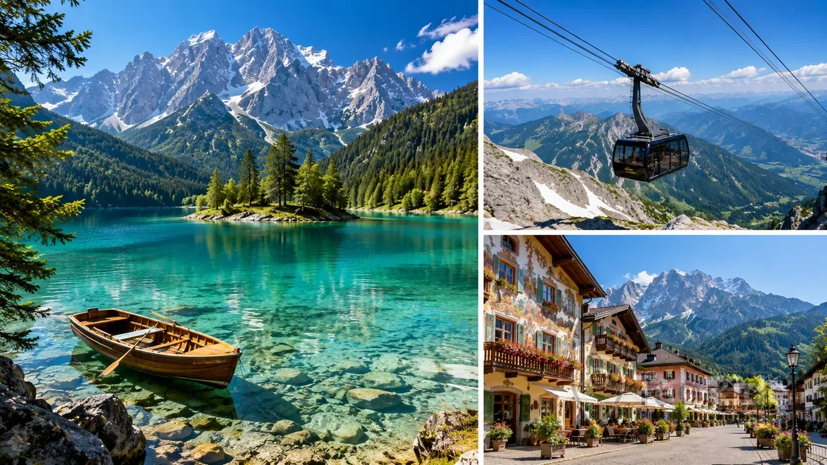 Luxury travel collage featuring the crystal-clear Eibsee Lake, the Zugspitze Cable Car, and the charming painted streets of Garmisch-Partenkirchen surrounded by the Bavarian Alps.