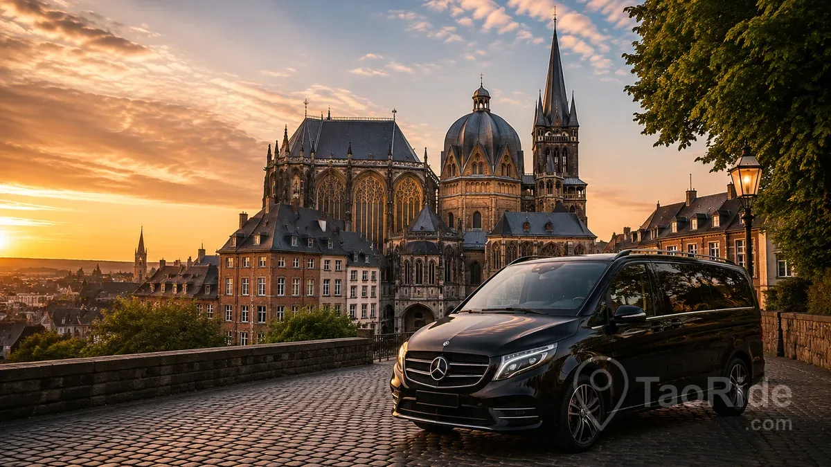 Mercedes-Benz private transfer arriving in Aachen with Aachen Cathedral and historic Old Town at sunset