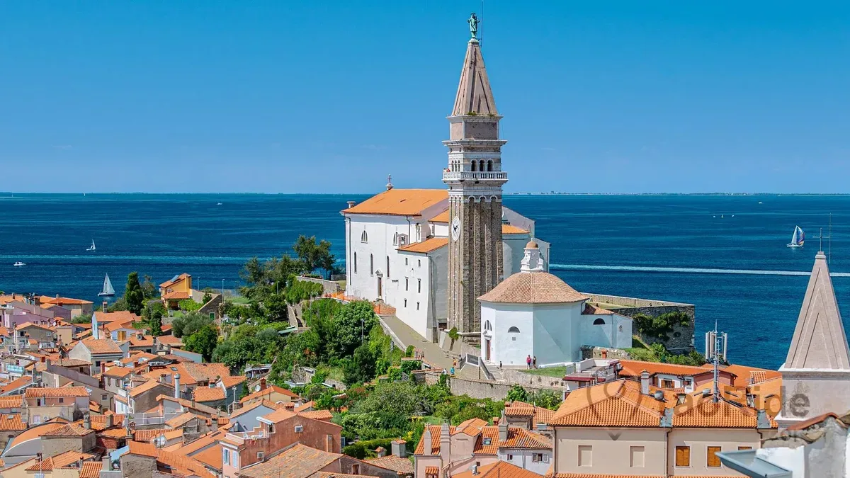 St. George's Church and bell tower overlooking Piran Slovenia