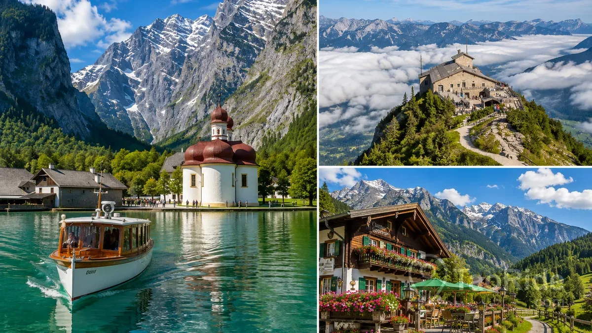 Travel collage of Berchtesgaden featuring the crystal-clear Königssee, St. Bartholomew Church, Eagle's Nest, and a traditional Bavarian Alpine chalet surrounded by majestic mountains.