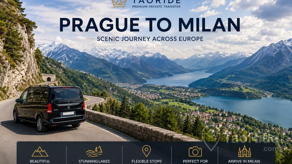 Scenic private transfer from Prague to Milan through alpine mountain roads and beautiful northern Italian landscapes