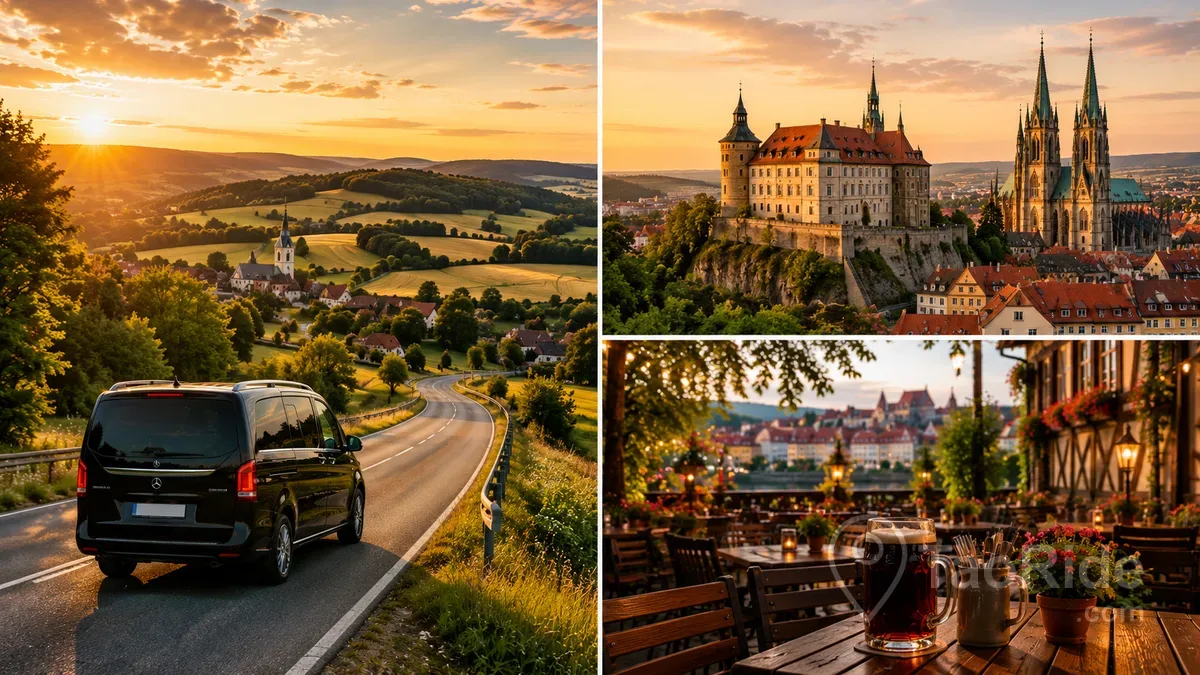 Scenic travel collage showing a private transfer from Prague to Bamberg through the Franconian countryside, featuring Altenburg Castle, a traditional Bavarian beer garden, and picturesque rural landscapes.