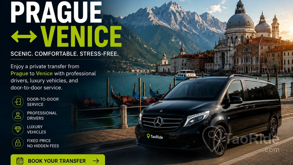 Luxury private transfer from Prague to Venice with scenic European landscapes and premium chauffeur service
