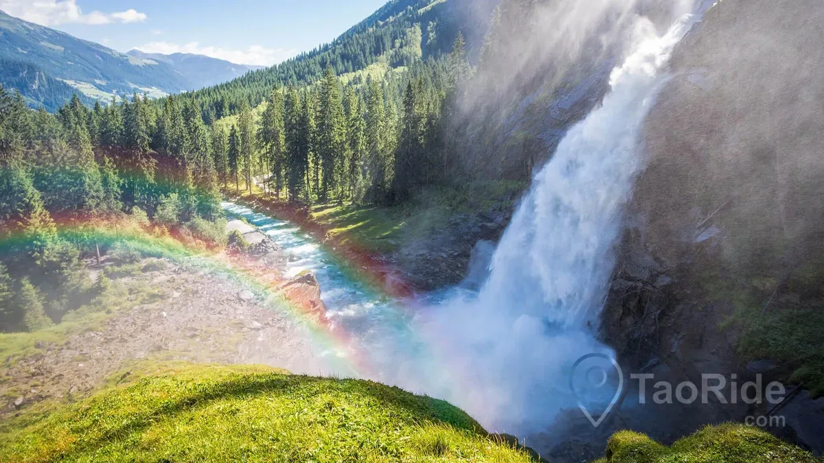 Real photographs of Krimml Waterfalls in Austria featuring the three cascading waterfalls, panoramic hiking trail, Alpine forests, scenic viewpoints, and the breathtaking landscapes of Hohe Tauern National Park.