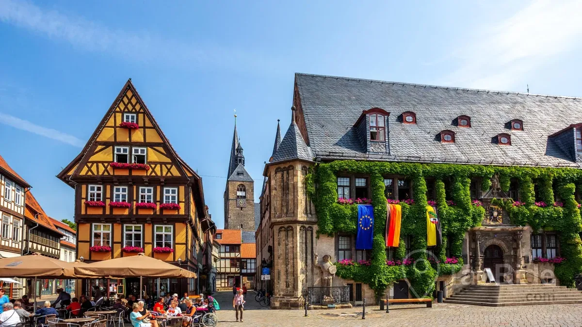 Historic Market Square with colorful half-timbered houses in Quedlinburg, Germany