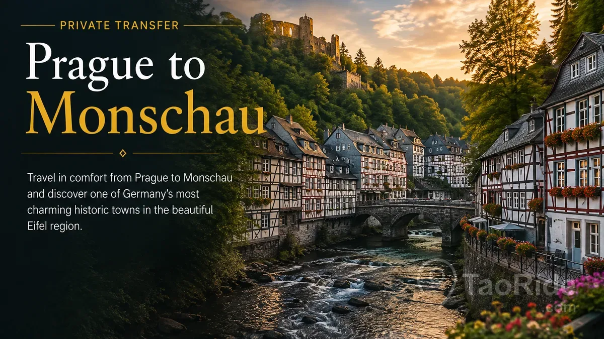 Prague to Monschau private transfer with historic half-timbered houses, a stone bridge, river and Monschau Castle in the Eifel region of Germany.