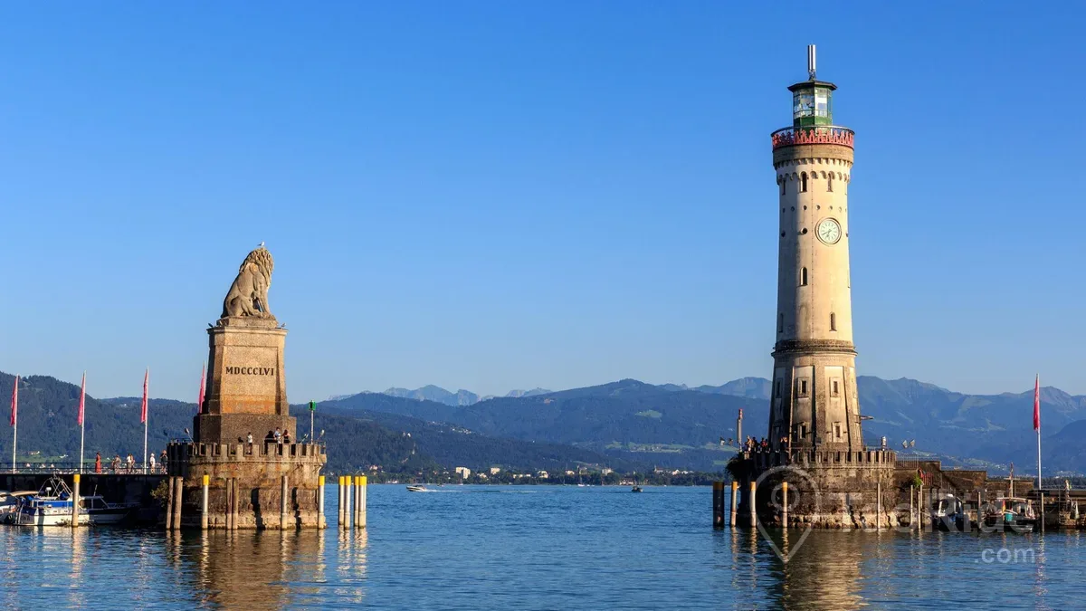 Lindau Harbor with the famous lighthouse and Bavarian Lion on Lake Constance, Germany