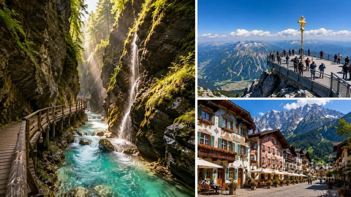 Travel collage featuring Partnach Gorge, the panoramic summit of Zugspitze, and the historic Ludwigstraße in Garmisch-Partenkirchen surrounded by the breathtaking Bavarian Alps.
