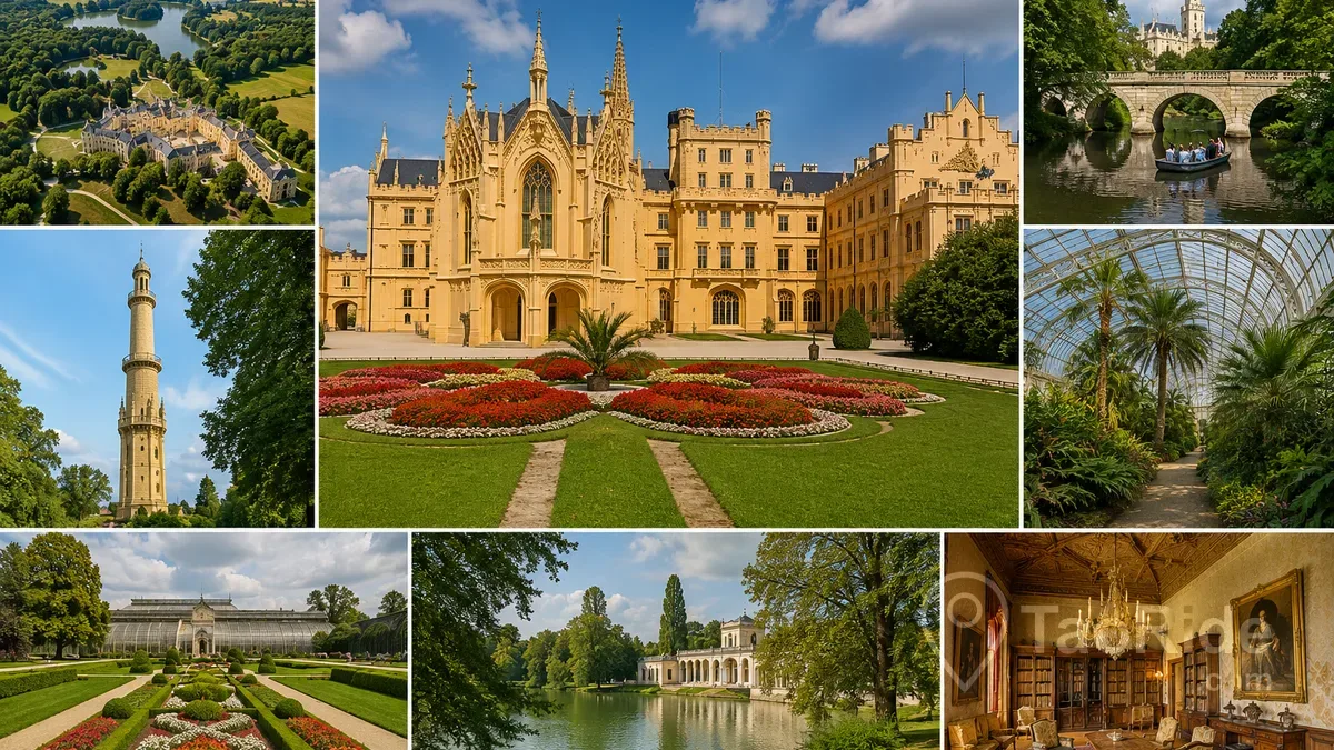 Collage of Lednice Castle & Park in the Czech Republic featuring the Neo-Gothic palace, romantic gardens, Palm House greenhouse, Minaret Tower, scenic canals, and the UNESCO-listed Lednice–Valtice Cultural Landscape.