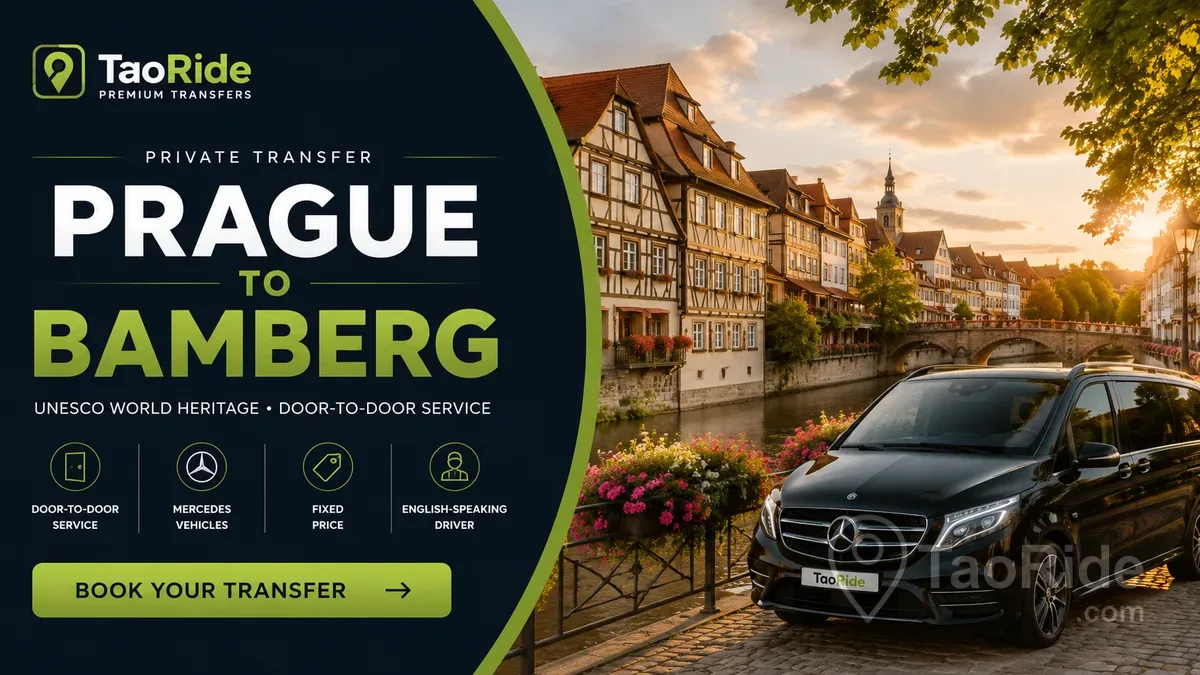 Luxury private transfer from Prague to Bamberg featuring a premium Mercedes V-Class, Bamberg's UNESCO-listed Old Town, Little Venice, and historic half-timbered houses at sunset.