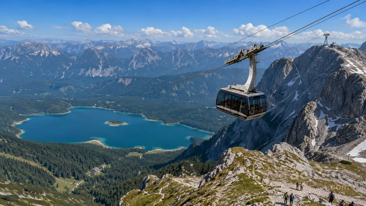 Zugspitze Cable Car ascending above Eibsee Lake with panoramic Bavarian Alps views in Germany