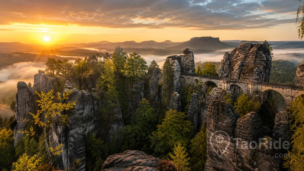 Sunrise over Bastei Bridge and the sandstone cliffs of Saxon Switzerland National Park, one of Germany's most spectacular natural landscapes.
