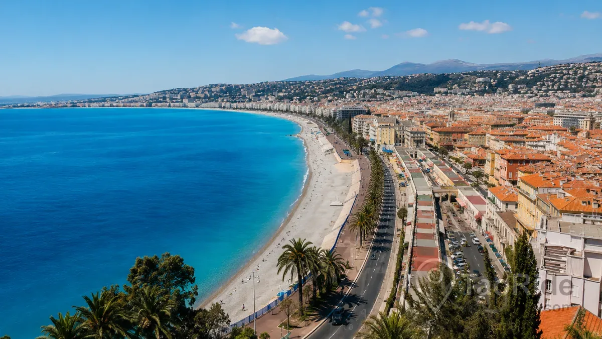 Panoramic view of Nice, French Riviera coastline and Promenade des Anglais