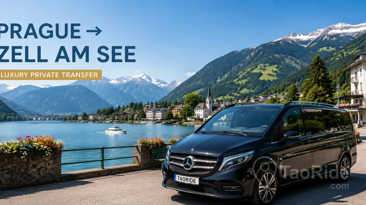 Luxury Mercedes private transfer arriving at Zell am See, Austria, with crystal-clear Alpine lake, majestic mountains, yachts, and picturesque lakeside scenery in summer.
