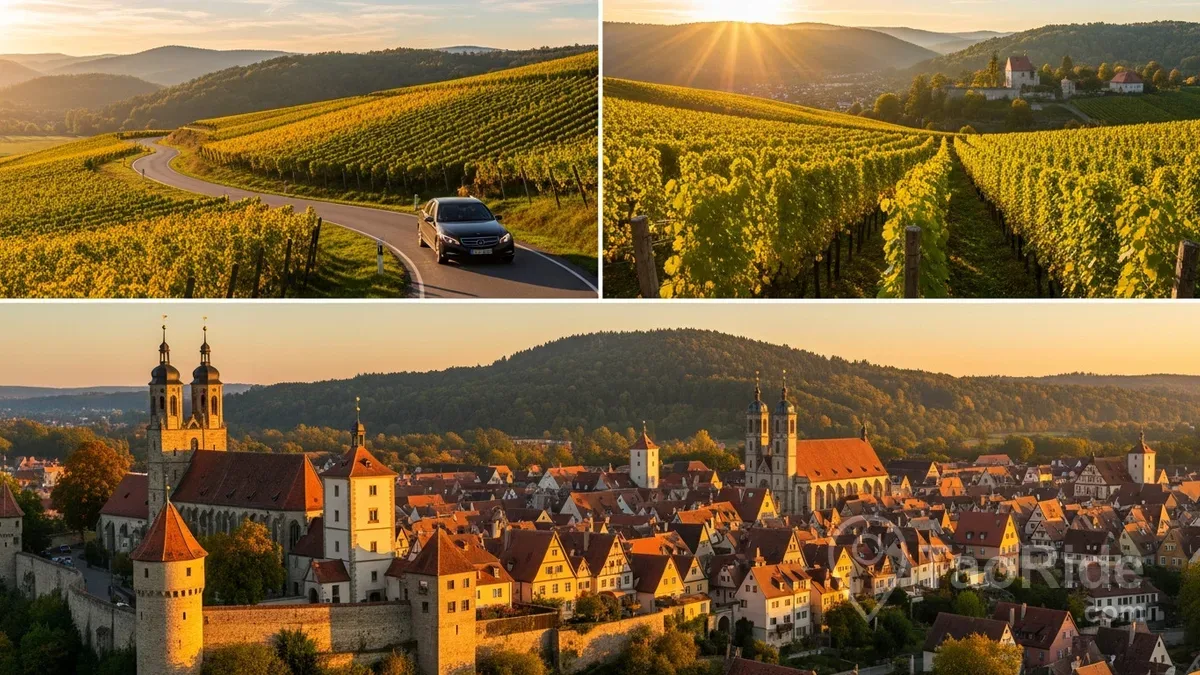 Scenic collage featuring the Romantic Road in Bavaria, rolling vineyards, and panoramic views of Rothenburg ob der Tauber during a private journey from Prague.