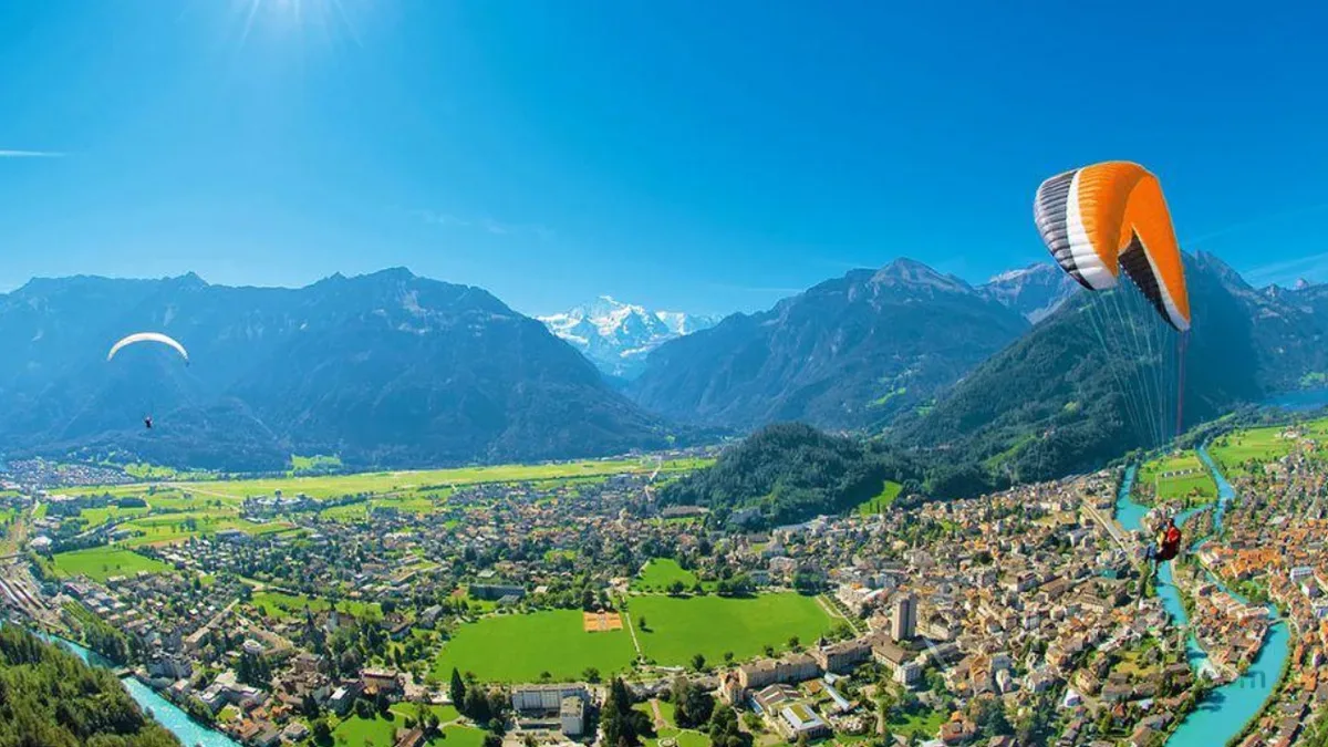 Panoramic view of Interlaken between Lake Thun and Lake Brienz in the Swiss Alps.