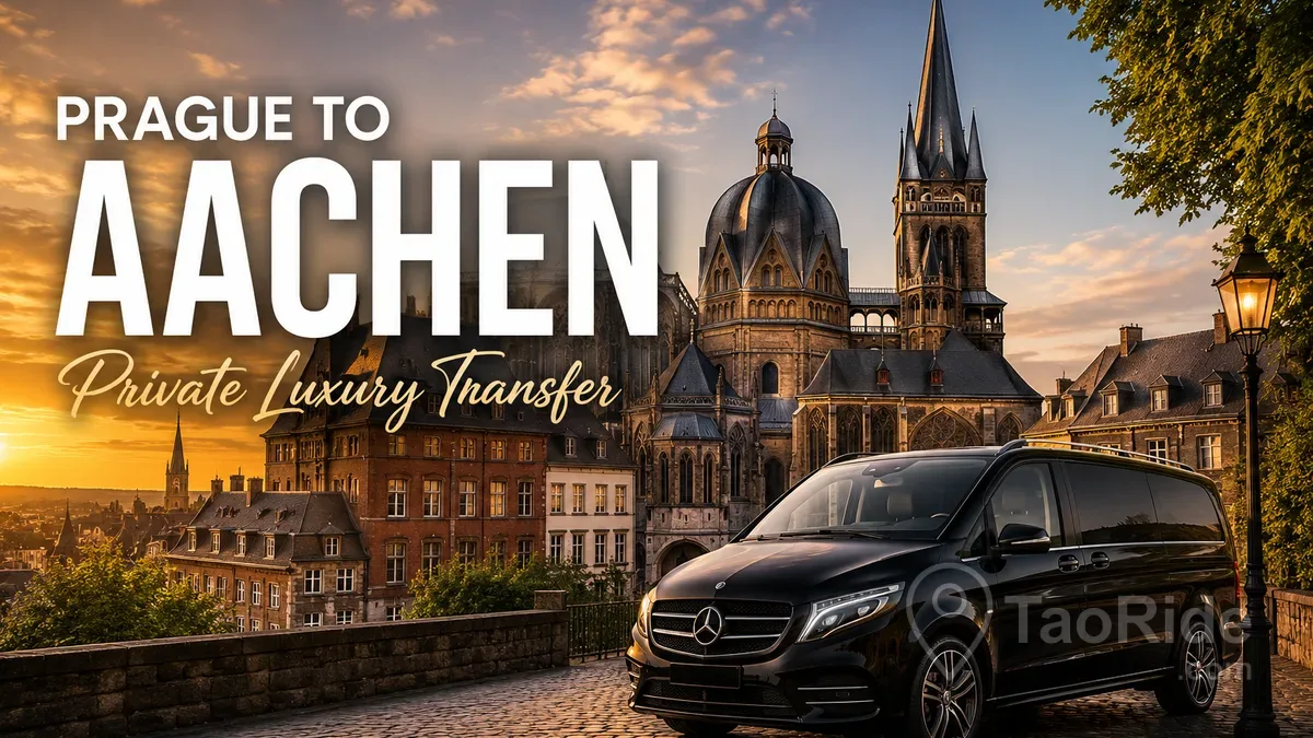 Prague to Aachen private transfer with Aachen Cathedral and historic Old Town at sunset