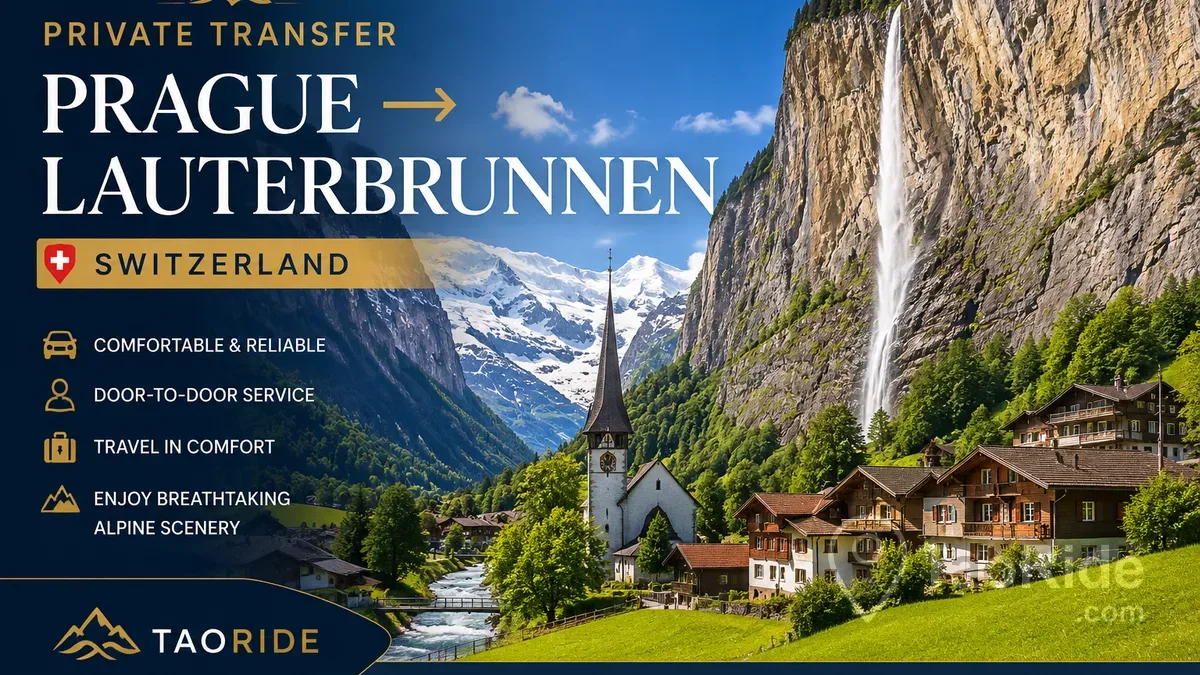 Lauterbrunnen Valley in Switzerland with Staubbach Falls, traditional Swiss chalets, dramatic Alpine cliffs, and snow-capped mountains, featured as a private transfer destination from Prague.