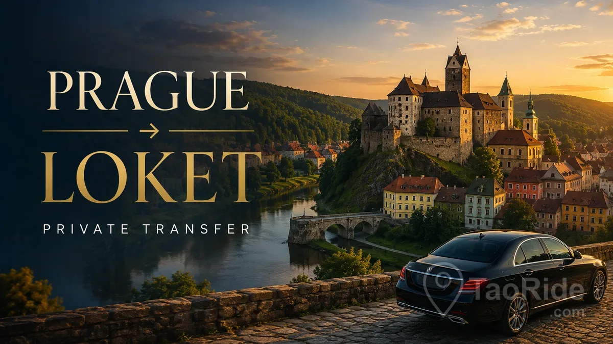 Luxury private transfer from Prague to Loket featuring a premium Mercedes overlooking the medieval Loket Castle and the Ohře River in the Czech Republic.