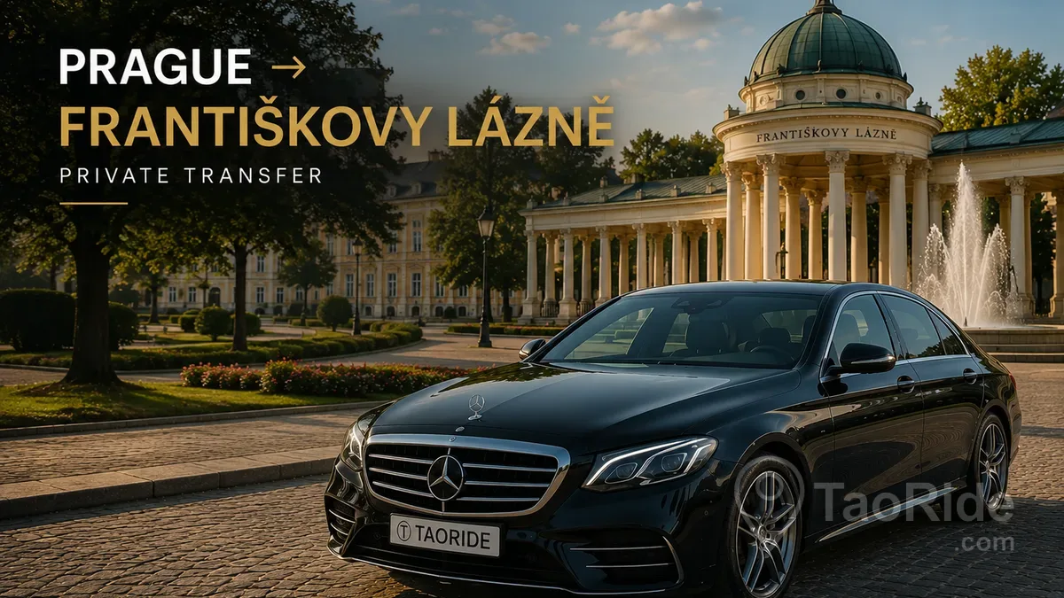 Luxury Mercedes private transfer from Prague to Františkovy Lázně in front of the historic spa colonnade and beautiful gardens.
