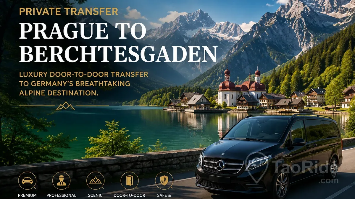 Luxury private transfer from Prague to Berchtesgaden featuring a Mercedes V-Class, the crystal-clear waters of Königssee, St. Bartholomew Church, and the majestic Bavarian Alps.