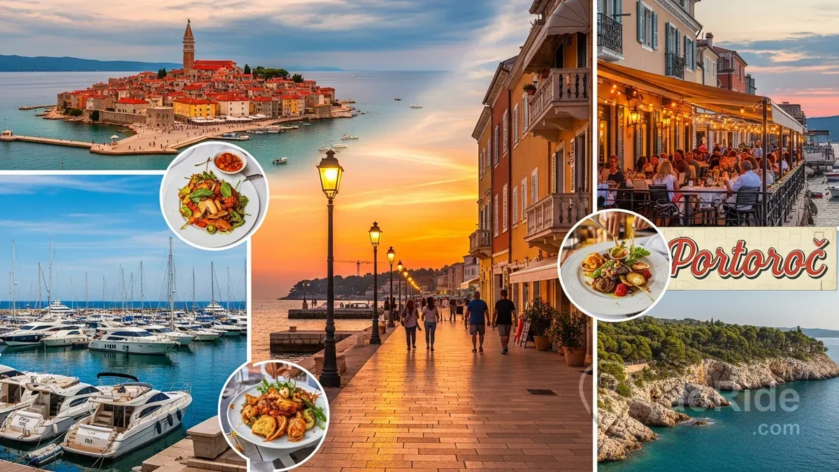 Collage of Portorož featuring the Adriatic promenade, Marina Portorož, seaside restaurants, and the historic town of Piran on Slovenia's beautiful coastline.