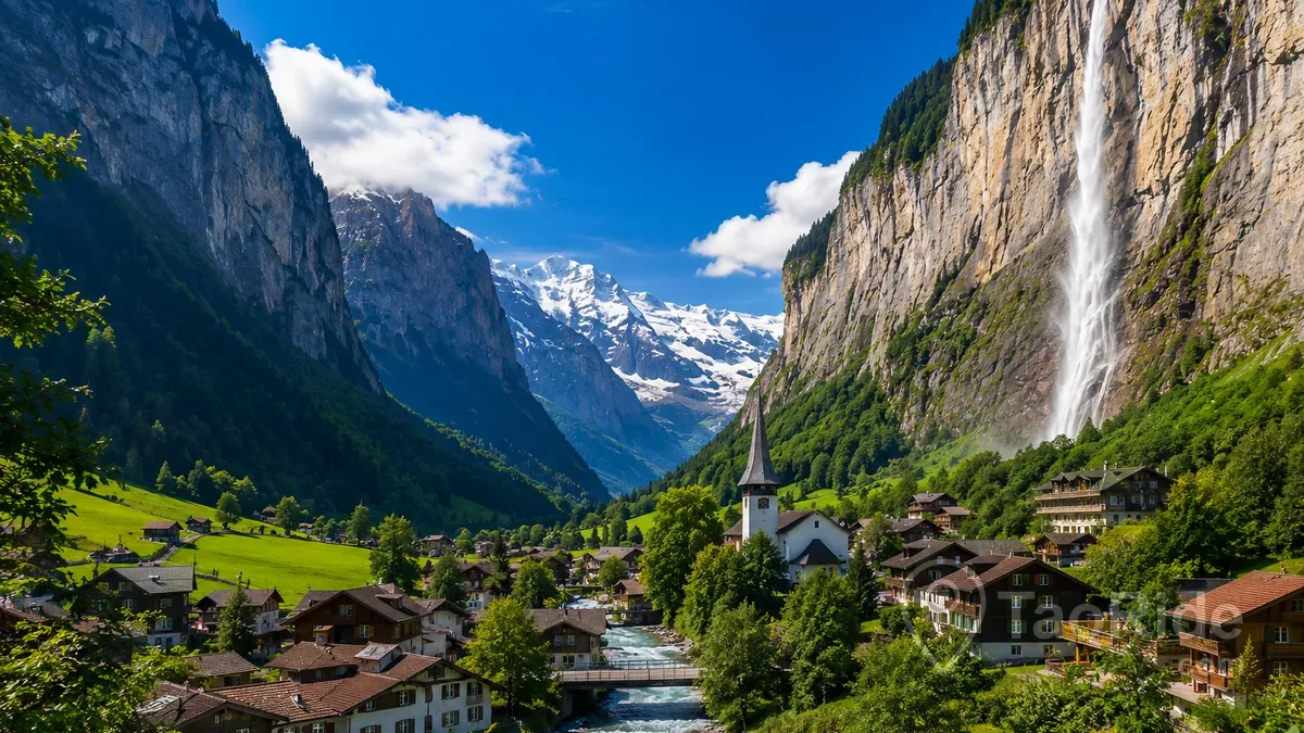Private transfer from Prague to Lauterbrunnen, Switzerland, featuring the famous Alpine valley, waterfalls, traditional Swiss village, and dramatic mountain scenery.
