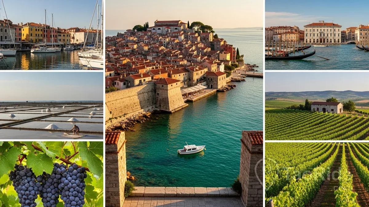 Travel collage showcasing the best day trips from Portorož, including the medieval town of Piran, Izola marina, Trieste's Grand Canal, Sečovlje Salt Pans, and the vineyards of Slovenian Istria.