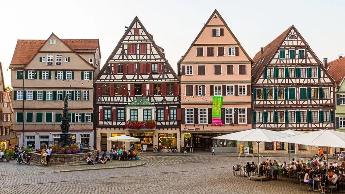 Colorful half-timbered houses in the Market Square of Tübingen, Germany