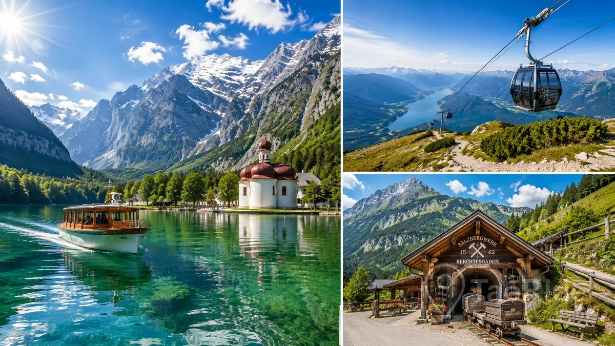 Travel collage featuring Königssee, St. Bartholomew Church, the Jenner Cable Car, and the historic Berchtesgaden Salt Mine surrounded by the majestic Bavarian Alps.