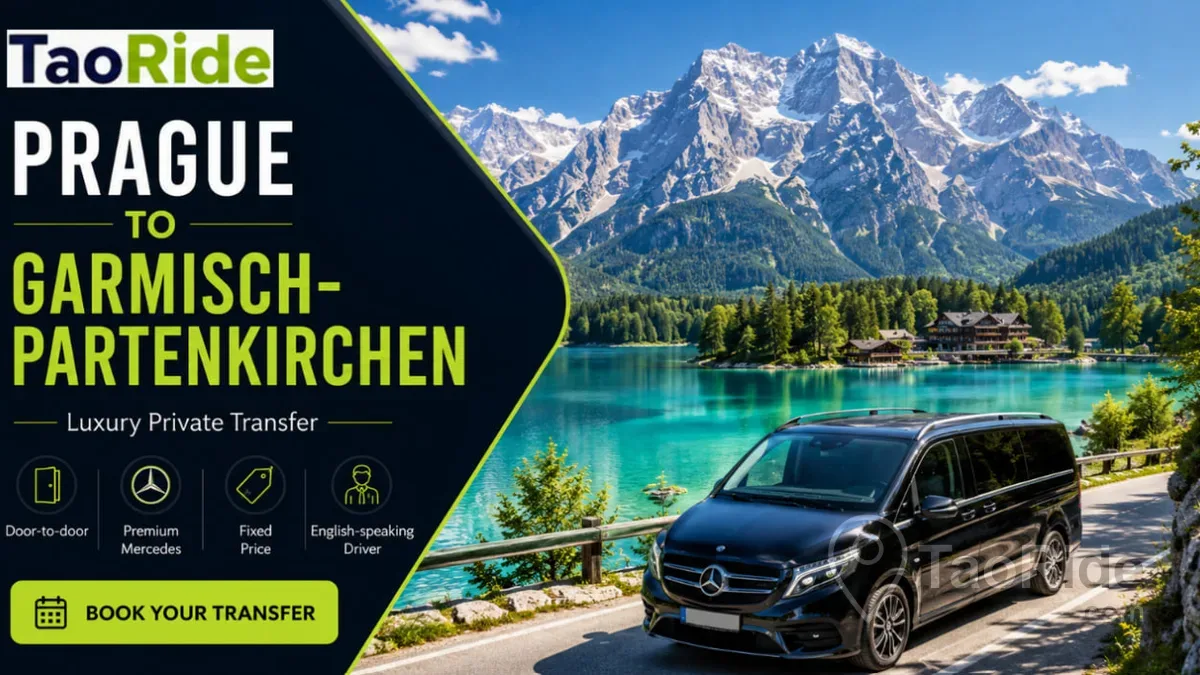Luxury private transfer from Prague to Garmisch-Partenkirchen featuring a Mercedes V-Class beside the crystal-clear Eibsee Lake with the majestic Zugspitze mountain rising above the Bavarian Alps.