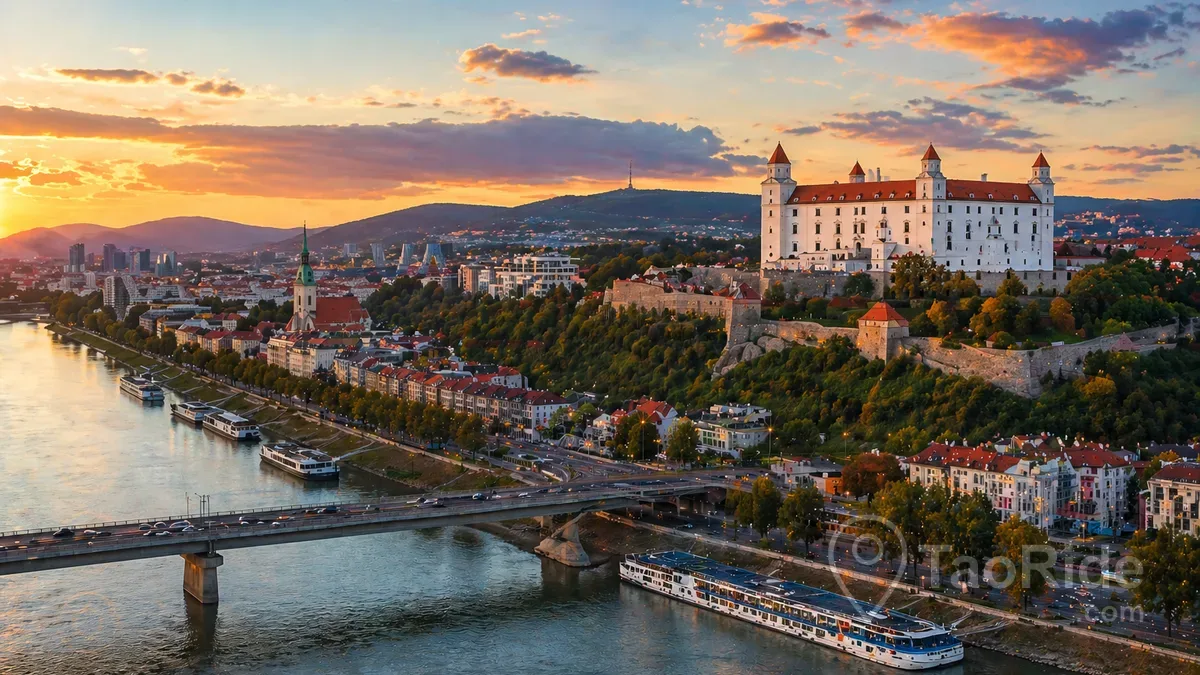 Bratislava Slovakia skyline Danube river Bratislava Castle city view sunset Europe