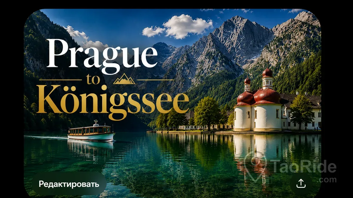 Panoramic view of Lake Königssee with St. Bartholomä Church, an electric boat, crystal-clear emerald water, and the Bavarian Alps on the Prague to Königssee travel route.