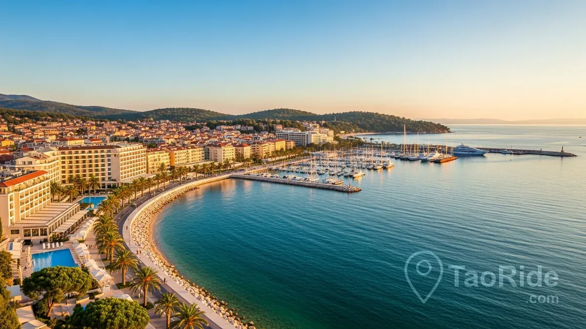 Panoramic view of Portorož featuring the Adriatic Sea, palm-lined promenade, luxury hotels, marina and sunny Slovenian coastline.