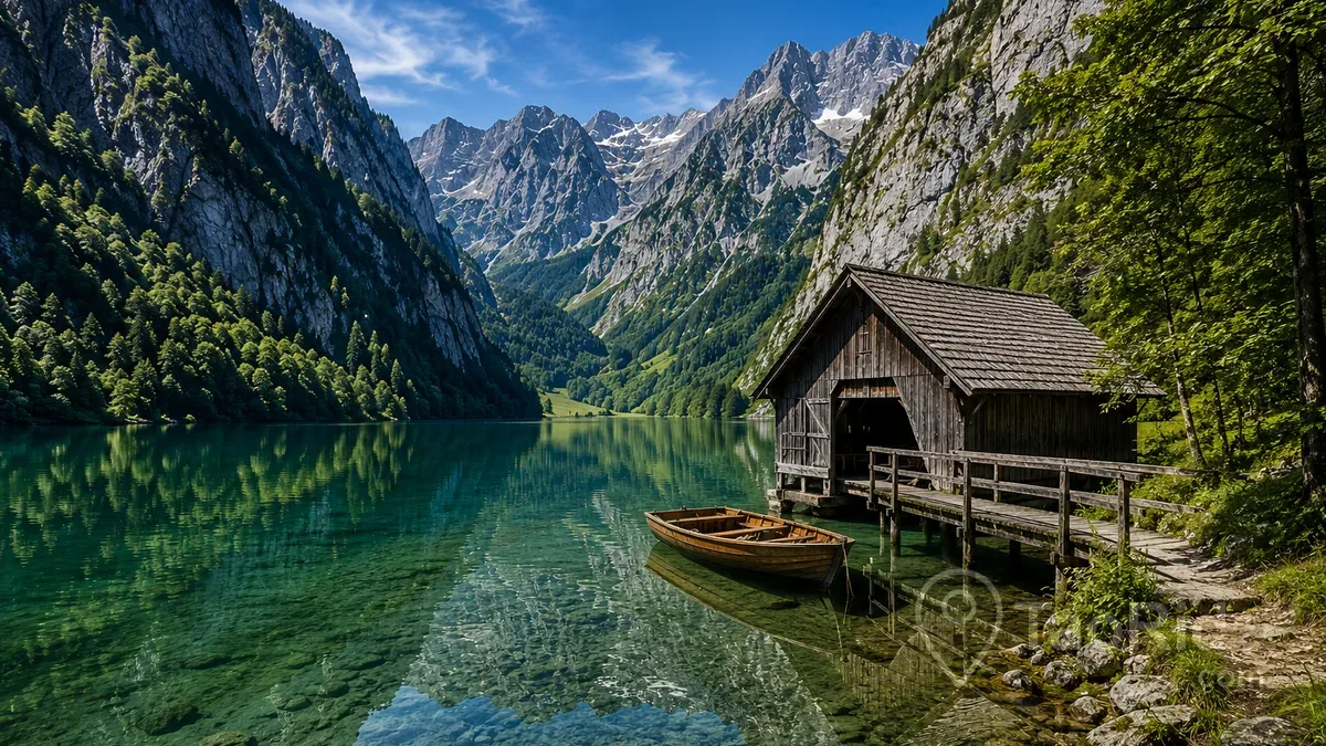 Traditional wooden boathouse on Obersee with crystal-clear alpine water, wooden rowing boat, and dramatic Bavarian mountain peaks in Berchtesgaden National Park, Germany.