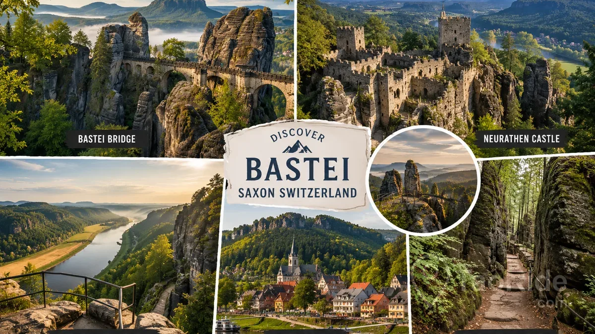 Photo collage of Bastei Bridge, Neurathen Castle, Elbe Valley viewpoints, Kurort Rathen, and scenic hiking trails in Saxon Switzerland National Park near Prague, Germany.