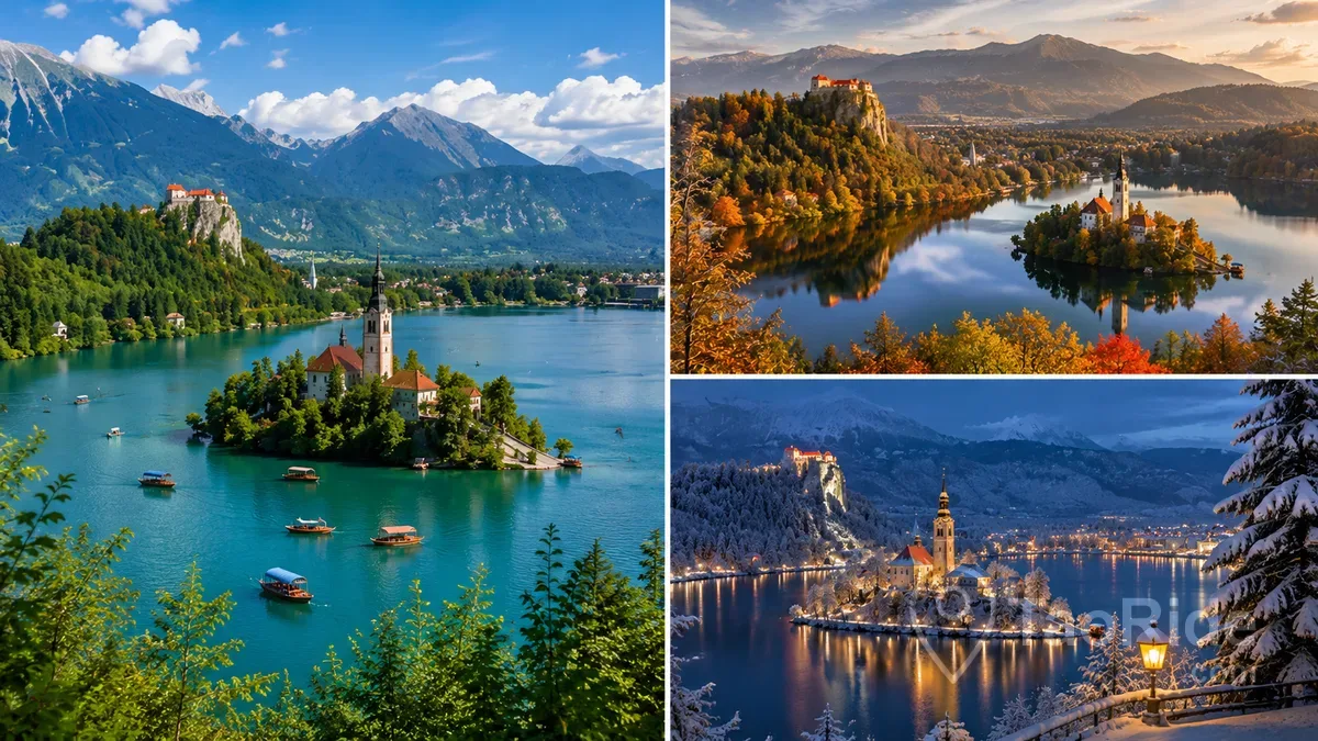 Travel collage showcasing Lake Bled in every season, featuring the iconic Bled Island, Bled Castle, turquoise summer waters, colourful autumn landscapes, and a magical snow-covered winter evening in the Julian Alps, Slovenia.