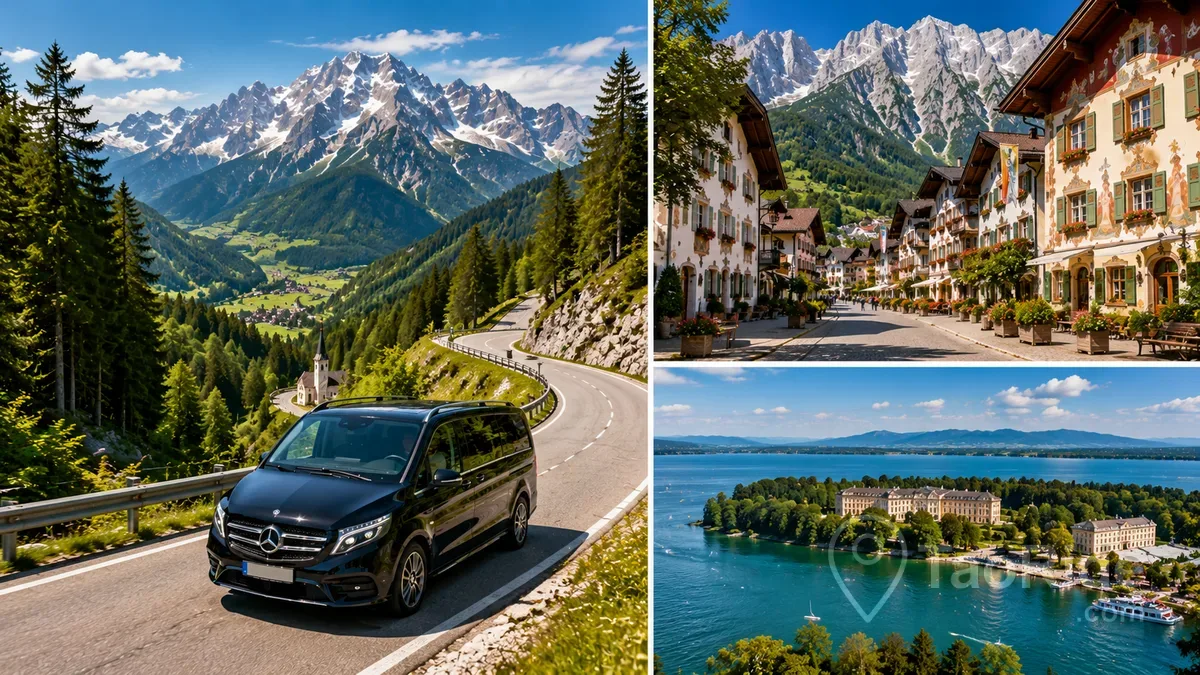 Luxury travel collage featuring a scenic drive through the Bavarian Alps, the charming village of Mittenwald, and Lake Chiemsee with the magnificent Herrenchiemsee Palace in southern Germany.