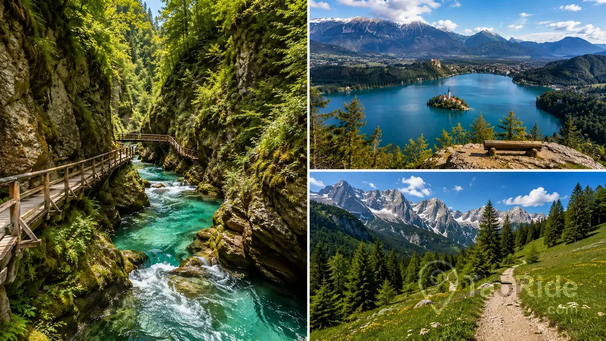 Travel collage featuring the stunning Vintgar Gorge, the panoramic Ojstrica viewpoint overlooking Lake Bled, and scenic hiking trails through Triglav National Park in the Julian Alps, Slovenia.