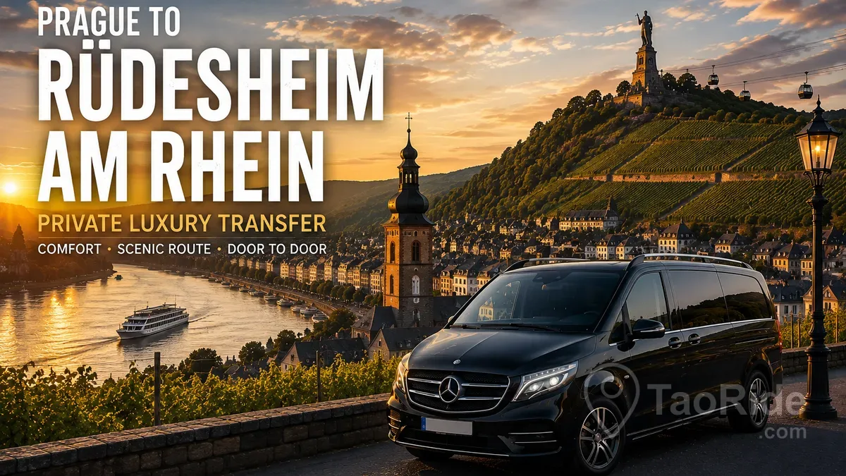 Prague to Rüdesheim am Rhein private transfer with Mercedes-Benz van overlooking the Rhine Valley and vineyards