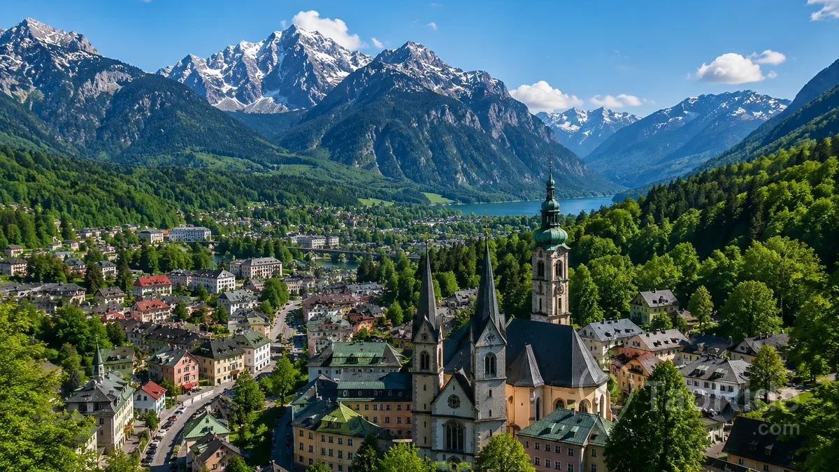 Panoramic view of Berchtesgaden surrounded by the Bavarian Alps, featuring historic churches, traditional Alpine architecture, lush forests, and the stunning Königssee in southern Germany.