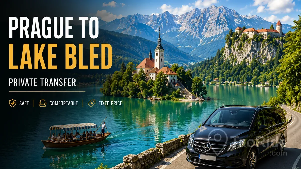 Luxury travel banner featuring a private transfer from Prague to Lake Bled with the iconic Bled Island Church, Bled Castle, a traditional Pletna boat, emerald lake waters, the Julian Alps, and a premium Mercedes V-Class.